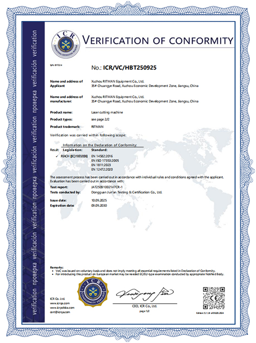 Certificado europeo de la m&aacute;quina de corte por l&aacute;ser VoC_HBT250925